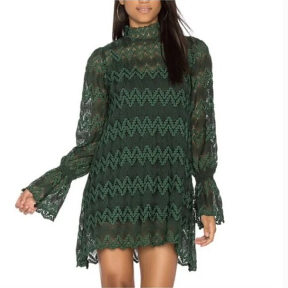 Free People  Simone Mock Neck Lace Dress in Hunter Green Size Small - Picture 1 of 12